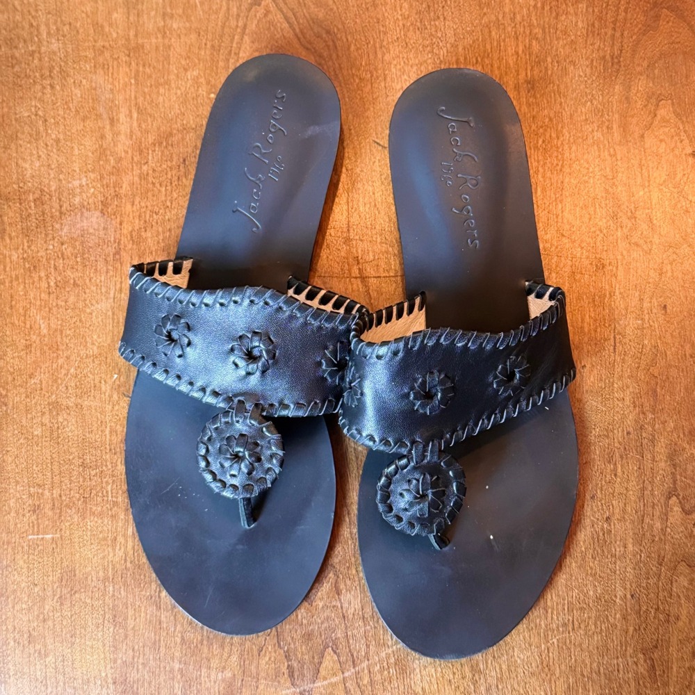 Jack Rogers Sandals Womens 10 Black Jacks Flat Leather Whipstitch Rondelle Thong - Picture 5 of 6